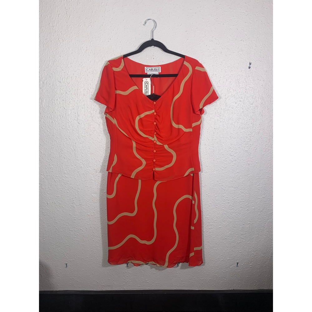 Carlisle Vintage 10 Red 100% Silk Skirt Set Abstract Button Top Midi Skirt NWT